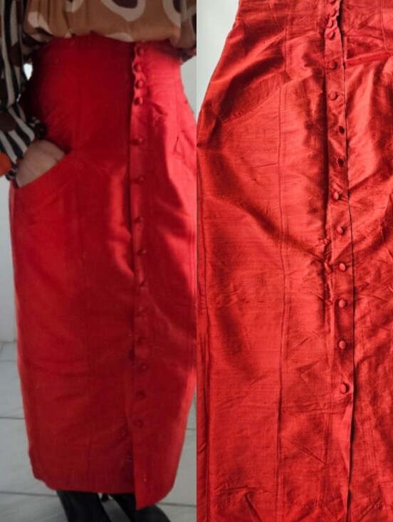 CHACOK Dresses & Skirts - Chacok France Carmen Silk Orange Red High Waisted Button Down Midi Skirt